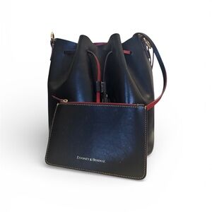 Dooney & Bourke Set Black Leather Bucket Drawstring Bag & Wallet